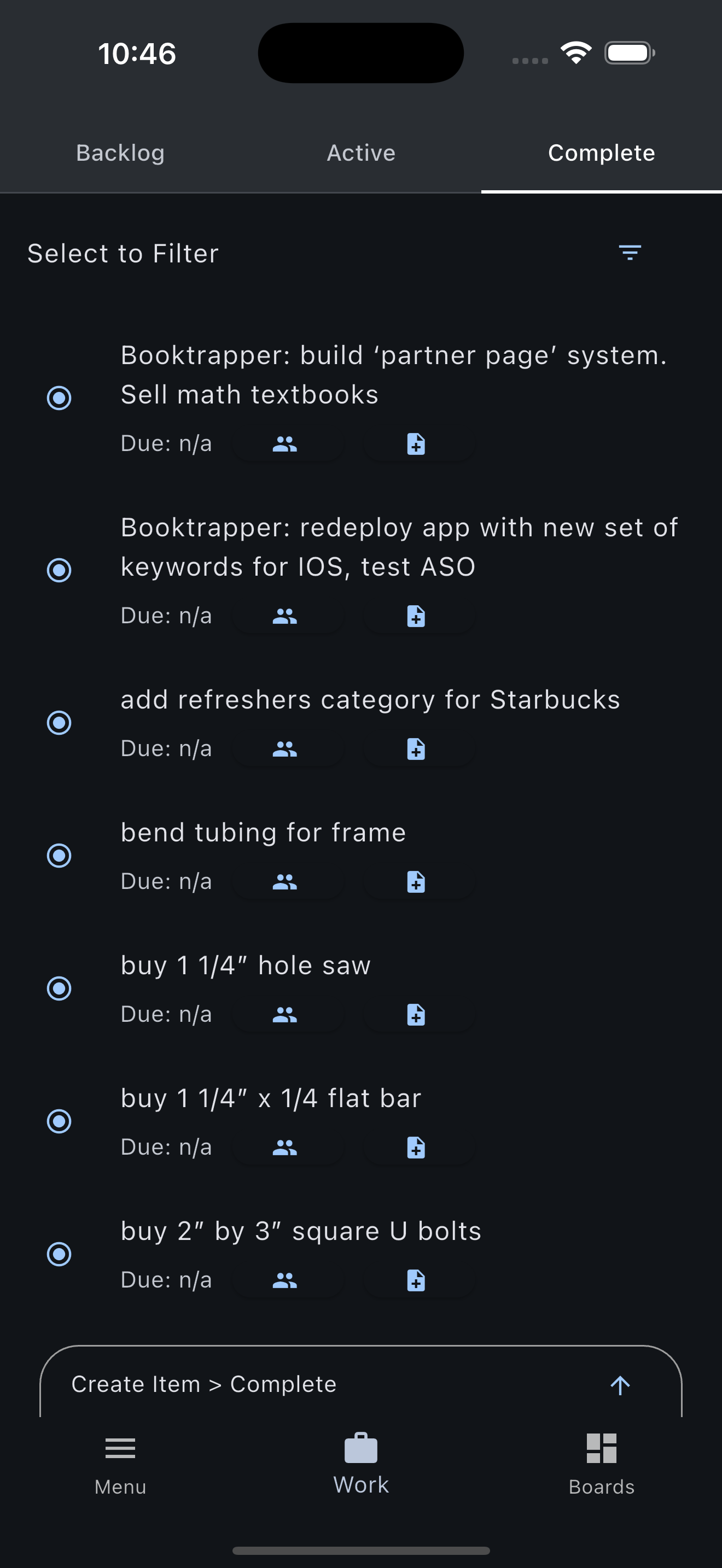 Turnboards completed work screen as a shared Todoist alternative